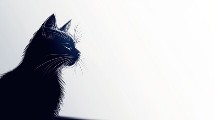Line art of a black cat with arched back and tail, symbolizing Halloween, drawn in a simple and clean style, on a white background with copy space