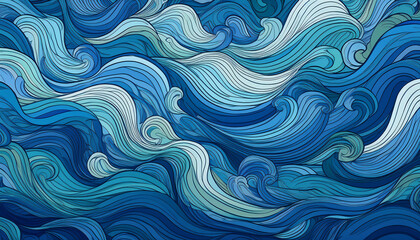 Obraz premium Seamless nautical pattern with stylized waves in different blue colors 
