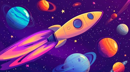 illustration of cartoon rocket flying among colorful planets and stars in space