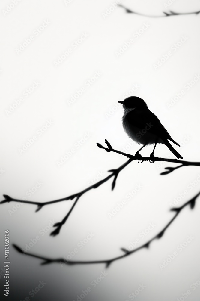 Aufkleber minimalist illustration of a small bird perched on a branch, focusing on clean lines and simplicity,