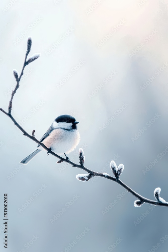 Aufkleber Minimalist illustration of a small bird perched on a branch, focusing on clean lines and simplicity, on a white background with ample space for copy