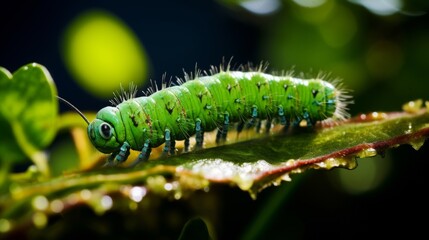 Fototapeta premium Caterpillar crawling leaf close up photo