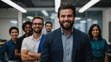 Obraz premium Free photo man posing next to coworkers