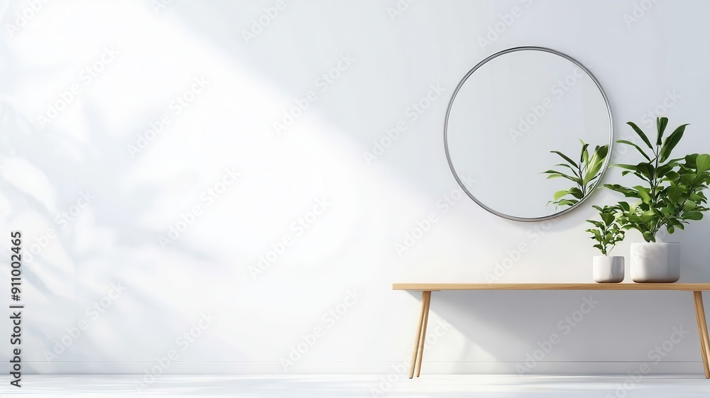 Poster minimalist line drawing of a stylish entryway with a console table, mirror, and plant, focusing on c