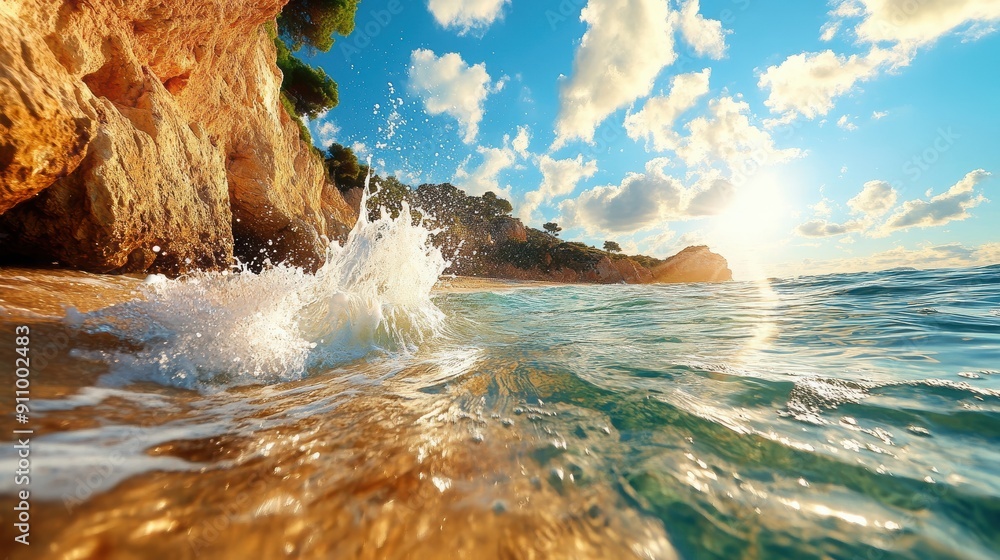 Aufkleber Ocean Waves Crashing on a Beach with Cliffs in the Background.
