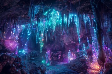 A crystalline cave with shimmering, multicolored stalactites and stalagmites, glowing softly in the ambient light. Cool, magical, subterranean wonderland, sparkling and serene