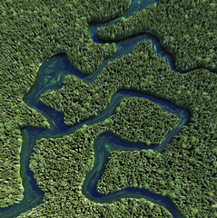 Aerial view of river winding through dense green forest.