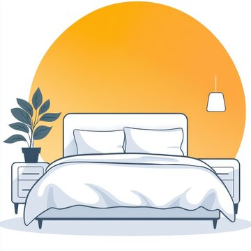 recommend clip art: Simple line art of a cozy bedroom with a bed, nightstand, and a plant, focusing on minimalistic details, isolated on a white background with space for text