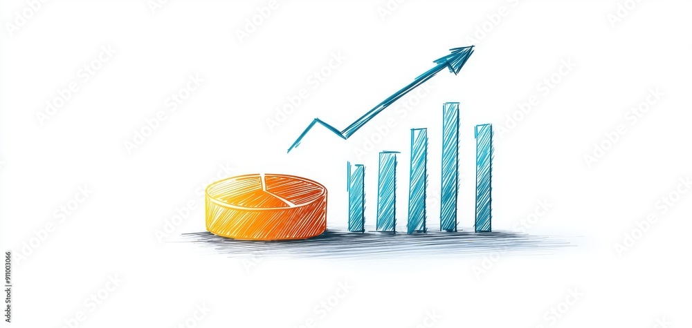 Poster simple line drawing of a pie chart and bar graph, focusing on financial analysis and minimalism, iso