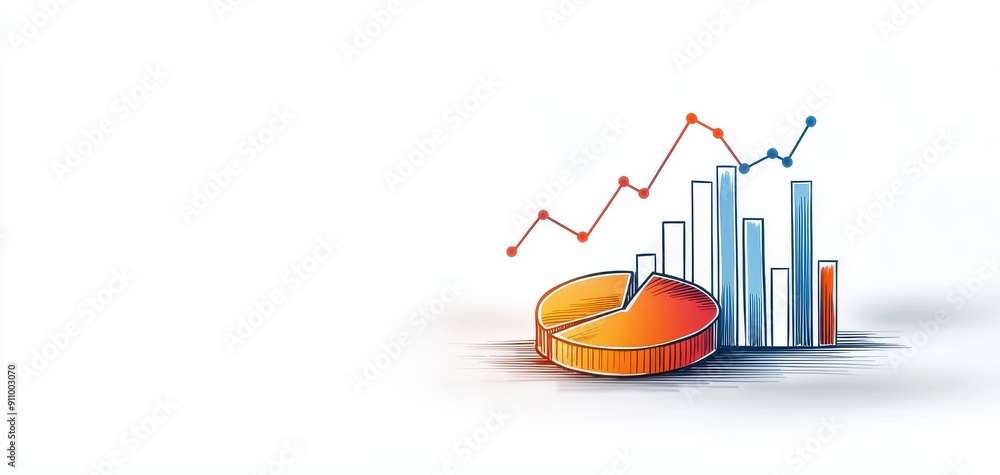 Poster simple line drawing of a pie chart and bar graph, focusing on financial analysis and minimalism, iso