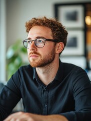 Obraz premium A person with glasses sitting at a table, possibly working or studying