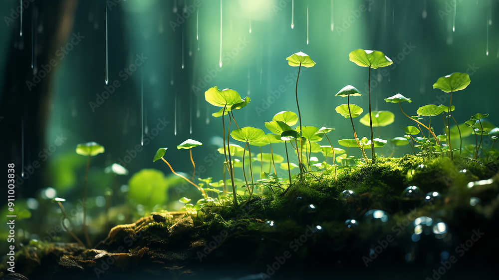 Wall mural green forest, dew drops and wet rain on young leaves and shoots in the depths of the green forest of