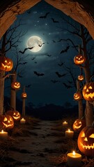 A bats flying in the night sky on a full moon on Halloween, Jack-o'-lantern pumpkins are light on the ground