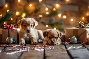adorable kitten and puppy playfully surrounded by festive gift boxes pine branches and twinkling lights on rustic wooden floor embodying holiday cheer