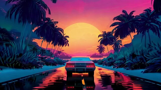 Retro Vibe Sunset Drive, Seamless Loop