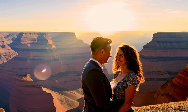 Couple in their 40s smiling at the Grand Canyon in Arizona USA