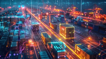 Fototapeta premium Aerial view of a bustling cargo port illuminated by vibrant lights, showcasing container movement and modern logistics technology.