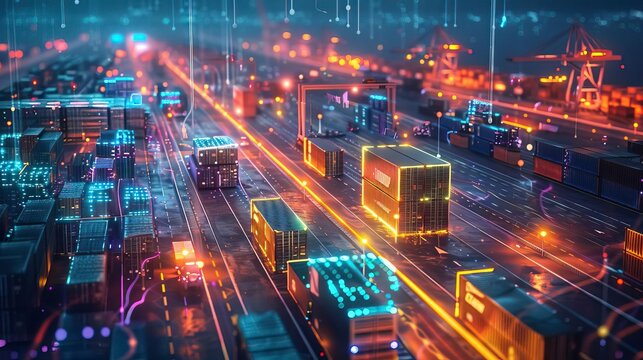 Aerial view of a bustling cargo port illuminated by vibrant lights, showcasing container movement and modern logistics technology.