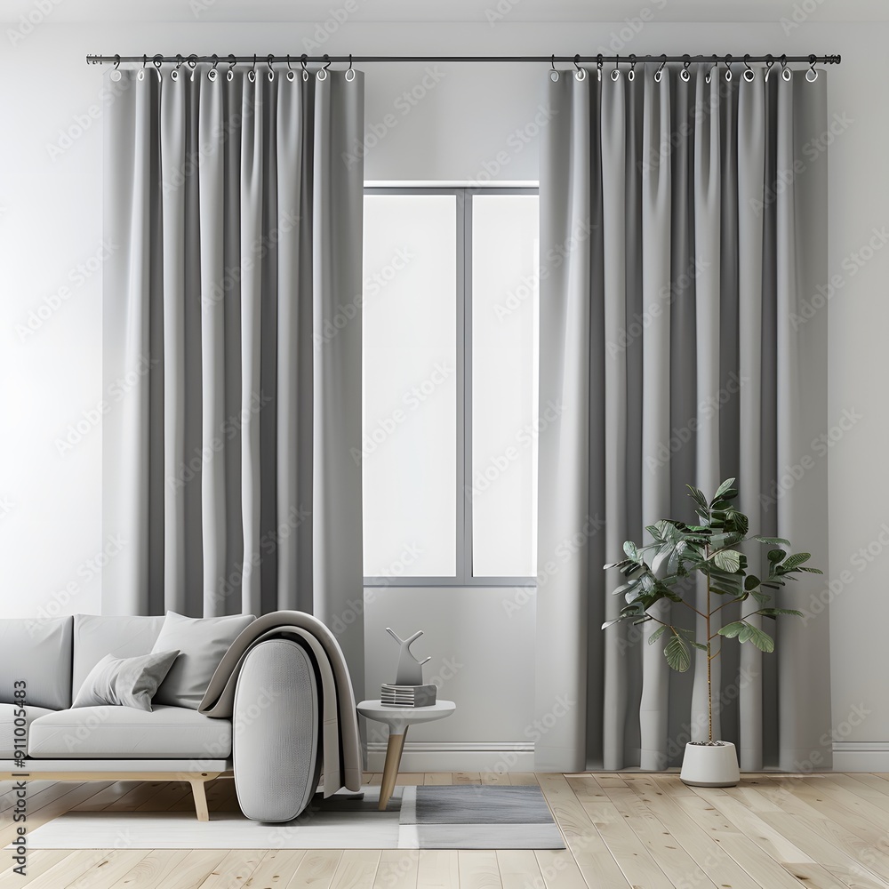 Poster 3d rendering of a grey sofa with pillows against a window with curtains in a modern living room inte
