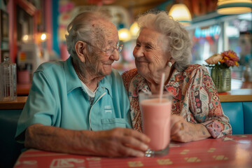 an elderly couple sharing a milkshake at a retro diner, smiling warmly at each other in a vibrant, nostalgic setting