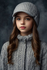 Winter portrait fashionable teen girl in winter fashion clothes, hat posing and looking at camera at grey wall background. Positive teenage emotion outdoors. Copy text space for advertisement