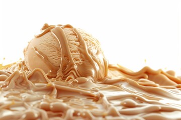 This image presents a melting brown ice cream scoop surrounded by liquid caramel, creating a tantalizing visual with rich textures and colors, perfect for dessert love.