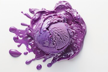 Fototapeta premium A delectable purple ice cream scoop melting on a white background, creating a stunning visual with its rich, inviting color blending smoothly into the surface.