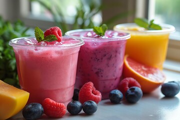 Variety of fruit smoothies in glasses, with ingredients. Orange smoothie with orange slice
