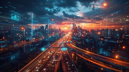 Stunning aerial view of a city during sunset with vibrant lights and dynamic traffic patterns, showcasing urban life and technology.