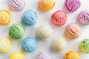 Obraz premium This vibrant image displays an arrangement of colorful ice cream scoops in pink, green, blue, yellow, and cream hues against a white background, showcasing a delightful play of colors.