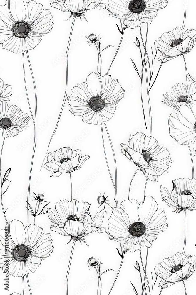 Aufkleber Seamless pattern featuring black and white poppy flowers with delicate linework and simple backgrounds, showcasing elegance and simplicity in detailed floral design.