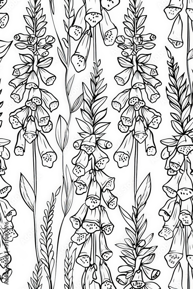 Poster artistic black and white sketch of foxglove flowers in a seamless pattern, showcasing intricate bota