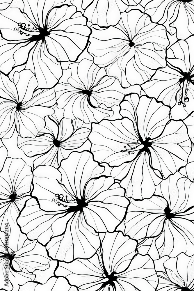 Poster a detailed black and white pattern showcasing densely arranged hibiscus flowers with overlapping pet