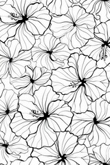 A detailed black and white pattern showcasing densely arranged hibiscus flowers with overlapping petals, capturing the lush and exotic character of these blossoms.