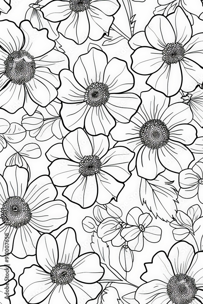 Poster intricate line art illustration showcasing densely packed flowers and leaves, meticulously drawn in 