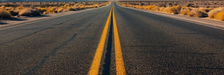 An unending open road in the desert extending to the horizon; the yellow lines delineating the path beneath the clear sunny sky.