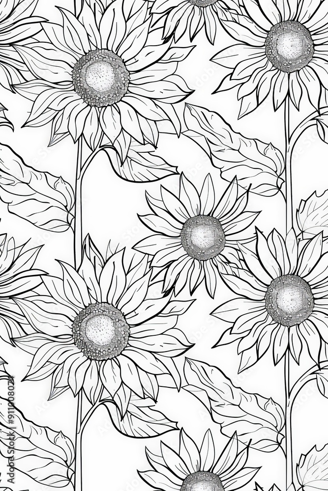 Poster this image showcases a detailed pattern of tall sunflowers with intricate leaves, offering a visuall
