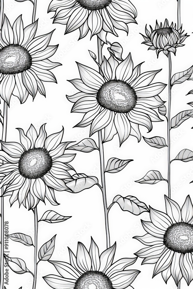 Poster this detailed drawing features blooming sunflowers and distinct leaf patterns, making it ideal for a