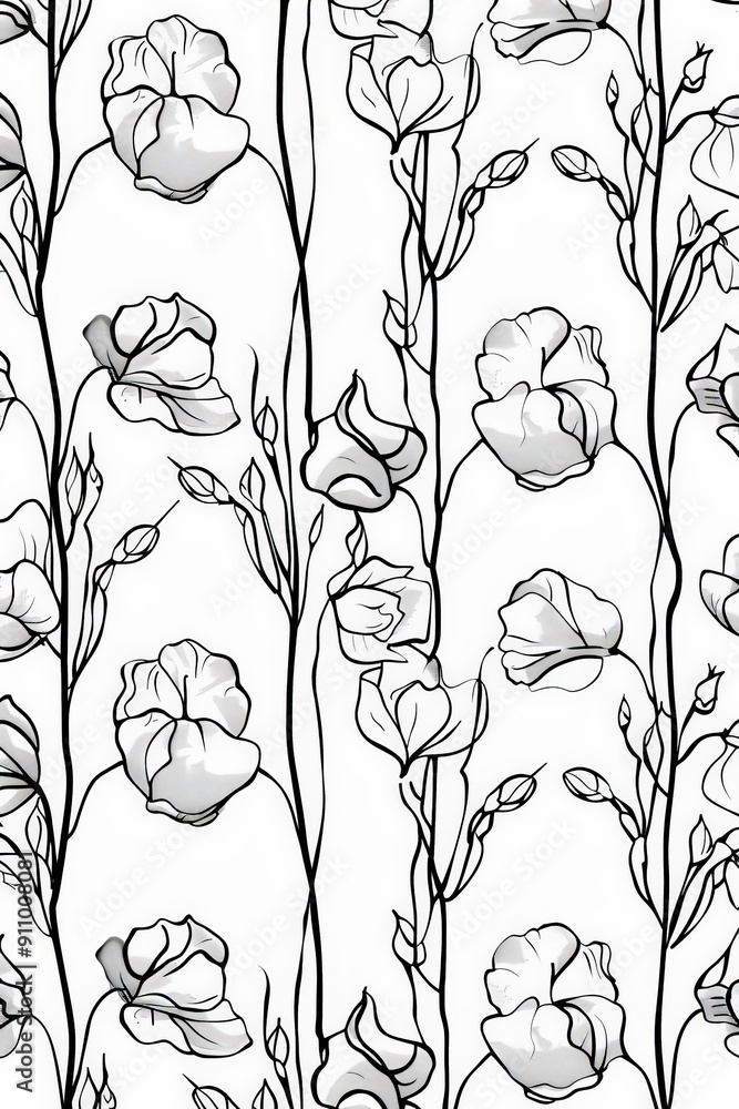 Poster this vector art features sweet pea flower buds and stems, creating a beautiful floral pattern that i
