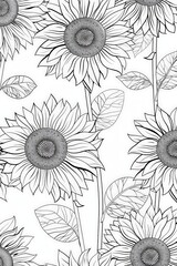 The image depicts a detailed black and white line drawing of sunflowers with intricate detailing in the petals, central disk, and leaves, showcasing their natural beauty.