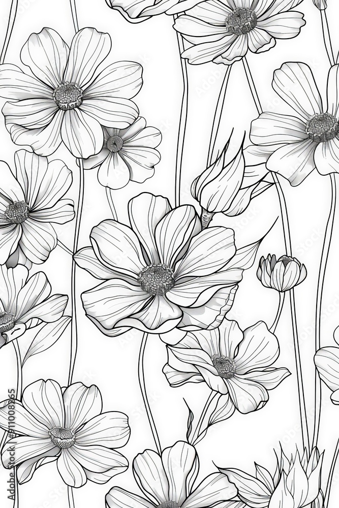 Poster A highly detailed pattern of various flowers with intricate lines, all drawn in a fine black and white style, creating an elegant and sophisticated design perfect for textiles and decor.