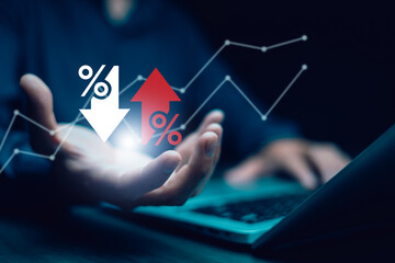 businessman hand type on the laptop of company profit with colleagues partner explain with virtual dashboard statistic chart stock infographic, graphs, cryptocurrency, and new trading platforms