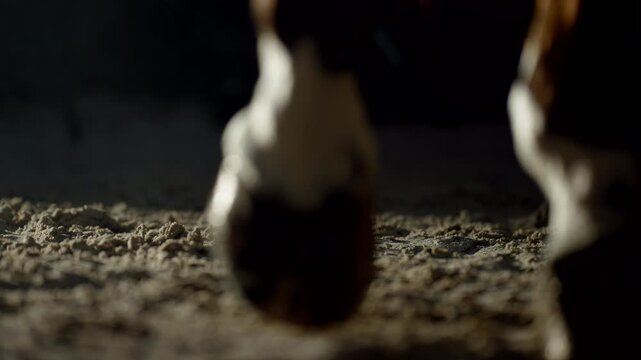 Closeup of Horse Hooves Galloping Away From Camera in Atmospheric Barn