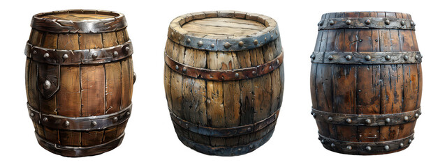 Obraz premium Detailed Illustrations of Rustic Wooden Barrels with Metal Bands and Weathered Textures.