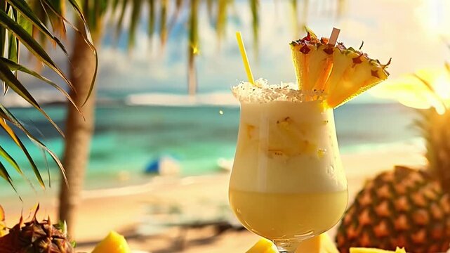 A glass of pineapple juice with a straw and a pineapple slice on top. The image has a tropical vibe and is set on a beach