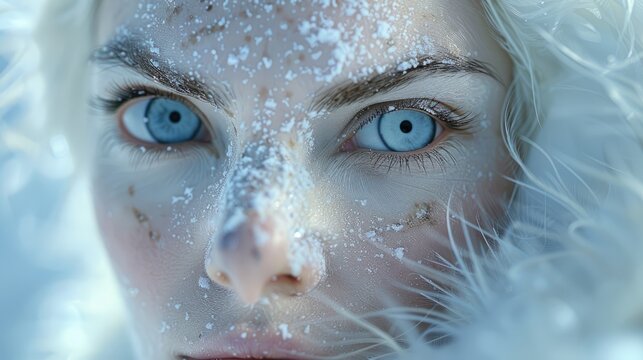 Close-up of woman's face with snow on skin