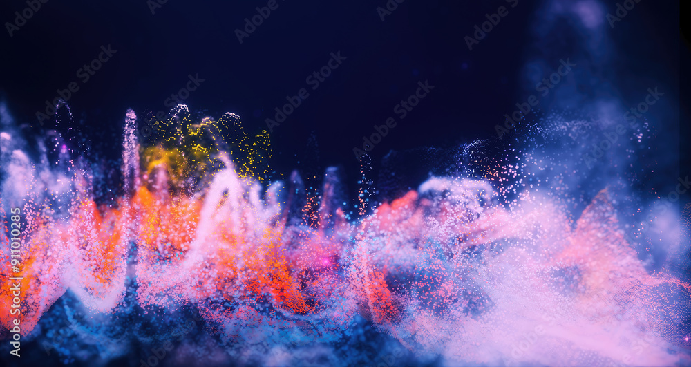 Poster abstract moving futuristic landscape of particles and dots of energy magic with glow and blur effect