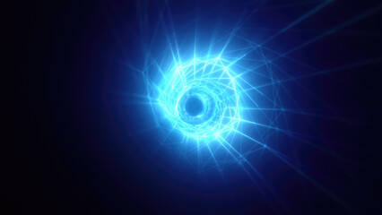 Abstract bright blue glowing background with a tunnel of lines and stripes of energy of burning rays of plasma and electricity with light