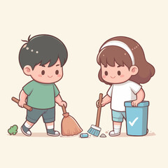 people cleaning nature by collecting garbage into trash bags. Family working together and picking plastic litter. Colored flat vector illustration isolated on white background