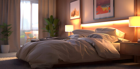 Bedroom Interior Design with Bedside Table and Lamp
